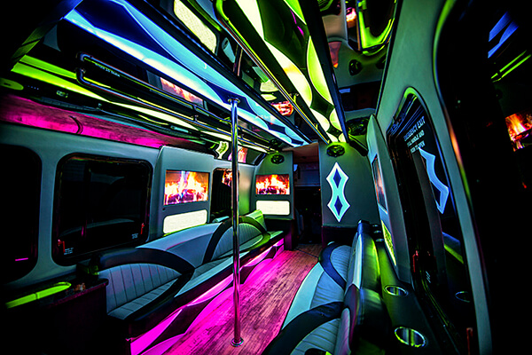 Inside a Party Bus with colorful Led Lights